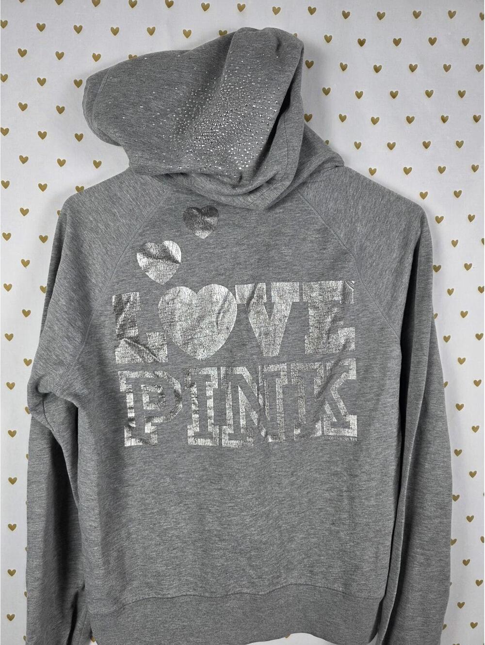 Victorias Secret Pink RARE Rhinestone BLING LOVE Vintage '09 Hoodie Jacket Grey